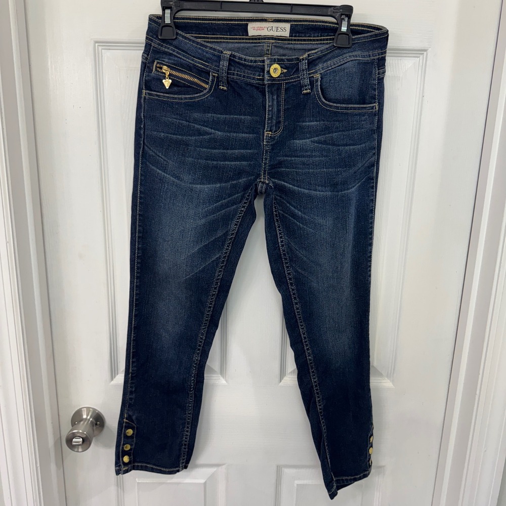 Y2K Guess Womens Dark Wash Cropped Capri Gold Button Hem Size 28